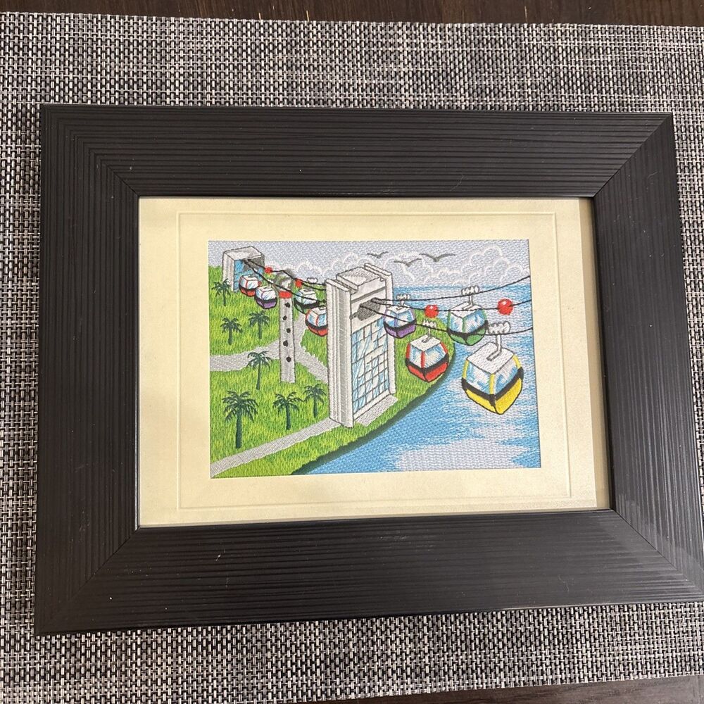8.5x11” Framed Silk Thread Singapore Art Wall Hanging Mount Faber Cable Cars